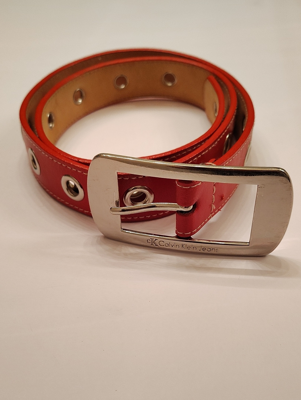 Calvin Klein Jeans Red Leather Grommet Belt with Silver Buckle BPD X